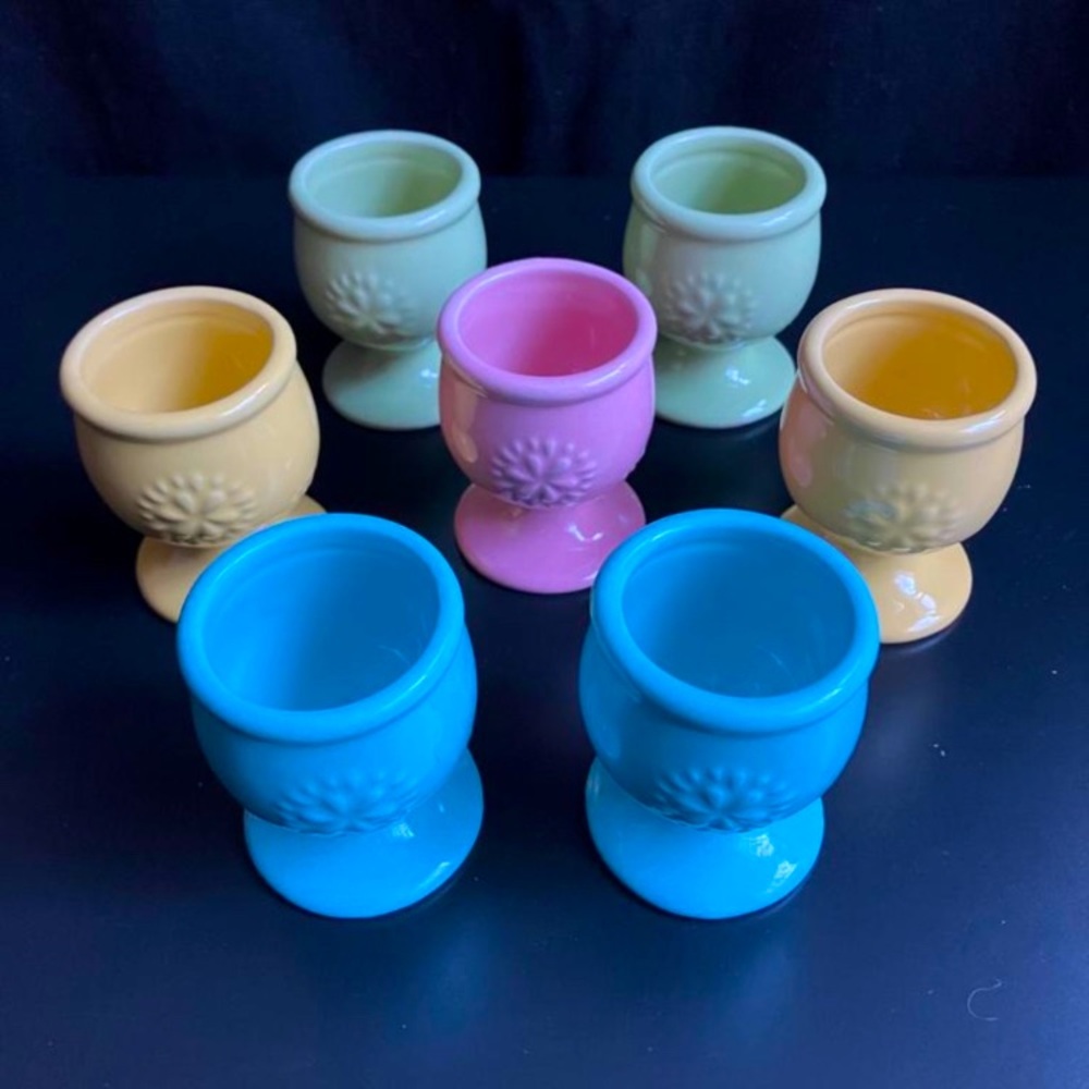 Double Nice Co. Egg Cups Embossed Design Pastel Blue Pink Green Yellow Lot of 7